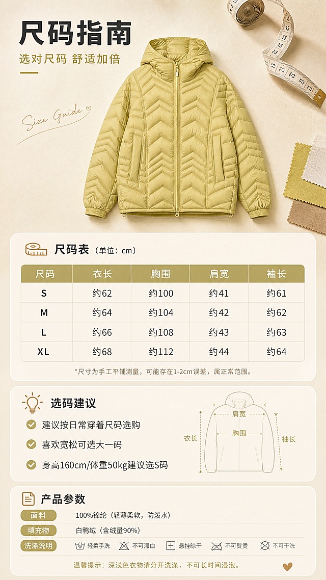 [商品] 使用【图1】芥末黄连帽轻薄羽绒服；商品处理：保留连帽、双向拉链、人字纹V形绗缝、插肩袖、侧插口袋、松紧袖口、下摆抽绳、芥末黄颜色和轻薄羽绒面料；自然去除衣身杂乱褶皱与压痕，理顺垂坠，增强面料纹理、缝线、拉链和五金质感，不改变版型和结构。
[画面] 目标：尺码信息与选购指南页，提供清晰的尺码参考。构图：上方产品平铺小图占30%，下方尺码表格+选购建议占70%。景别：产品正面平铺小图。场景：浅米杏纸张质感背景，产品平铺展示在上方，下方用简洁表格呈现尺码信息，旁边点缀软尺、面料小样等道具增加专业感。整体干净整洁，信息层级清晰。
[视觉] 套系策略：风格=高级简约通勤商业摄影；标题字=现代无衬线粗体（思源黑体Heavy）；正文字=简洁无衬线体（思源黑体Regular）；主色=芥末黄/橄榄绿；背景延展=基于浅米杏做深浅层级、同色渐变和细腻纸张/织物质感；强调色=焦糖棕，仅用于小面积图标、引线和标签；标题色=深炭灰；正文色=中暖灰；组件=圆角浅底信息卡、细线引线、手写英文装饰；光影=左前侧45度暖柔光，柔和阴影。
[文字] 顶部主标题「尺码指南」（4字），副标题「选对尺码 舒适加倍」（8字）。中间尺码表（横排表格）：尺码/S/M/L/XL，对应衣长/胸围/肩宽/袖长（单位：cm，数值用约数表达如「约62」「约100」等保守表述）。下方选码建议：「建议按日常穿着尺码选购」「喜欢宽松可选大一码」「身高160cm/体重50kg建议选S码」。底部产品参数：面料/填充物/洗涤说明等基础信息。所有文字横排，字号保证手机端清晰可读。
[规格] 图片比例9:16竖版，4K分辨率，medium质量。避免变形、错字、文字过小、冷蓝/蓝灰背景、衣服颜色改变、版型失真、绝对化用语。