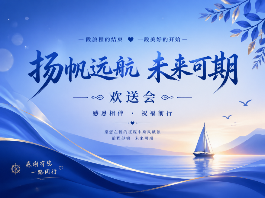 蓝色系欢送会主题海报，整体设计庄重温馨，蓝色渐变背景，搭配装饰元素和欢送会主题文字预览效果