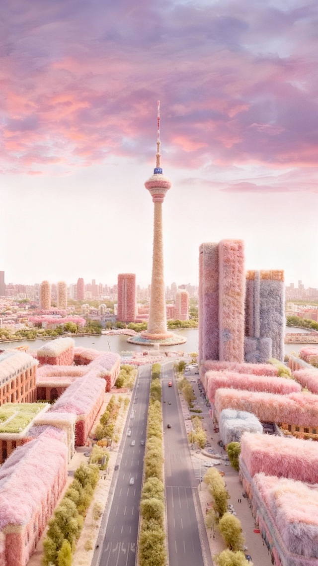 梦幻感与未来感交织的虚拟现实城市，毛发生长风包裹建筑，3D轻拟物风格呈现超现实主义场景，柔美色系营造甜美柔和氛围。