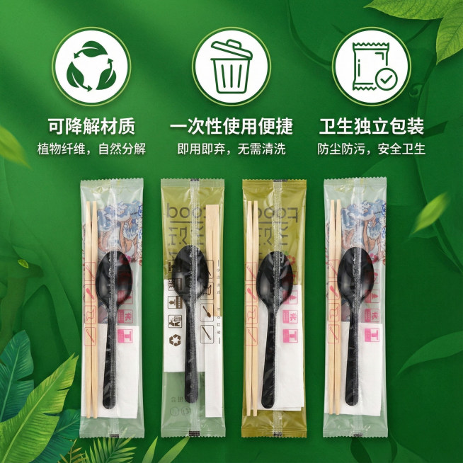 你能帮我做十张不同类型的关于这个环保餐具组合产品的商品主页展示图吗，餐具组合包括一次性筷子勺子纸巾牙签，不同场景包括宣传标语，宣传这个产品包含产品痛点卖点，图片比例一比一预览效果