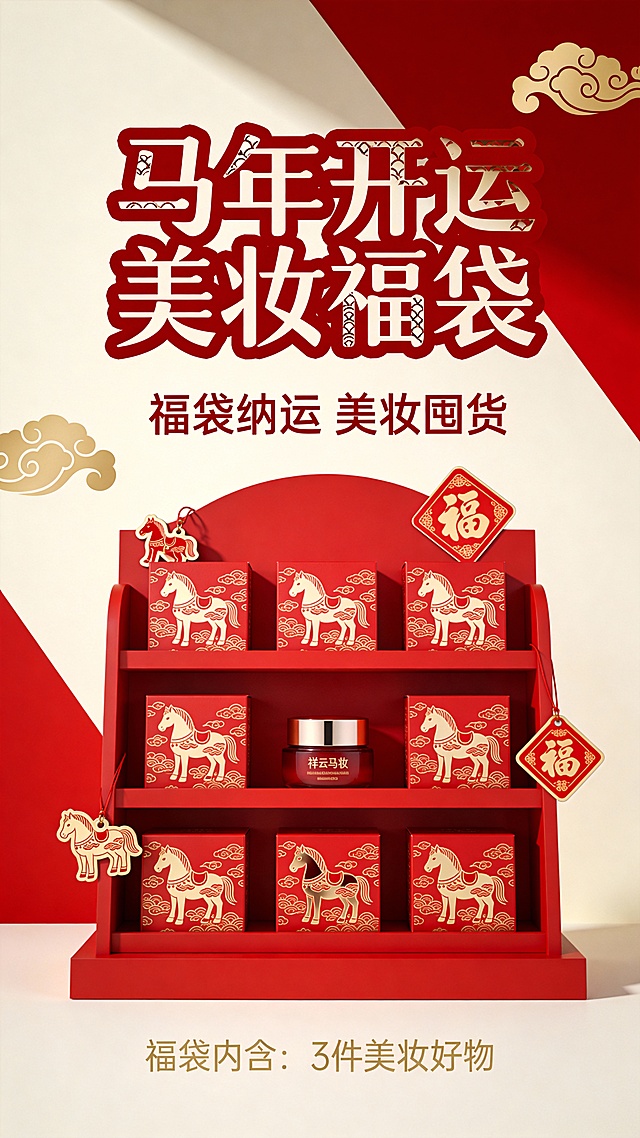 国潮风剪纸元素融合鎏金质感，大字风标题突出喜庆感，中式红金配色彰显节日氛围，福袋设计传递新春好运。