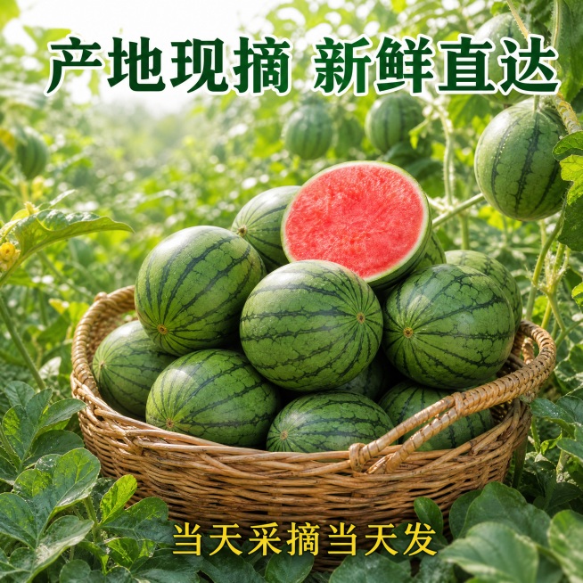 [主图-6] 小糖丸西瓜产地果园展示，结合产品展示强调现摘现发，保持产品一致，杜绝变形色差。氛围风格：自然原生态，产地信任。画质：超清风光摄影，自然真实，通透清晰。元素：果园采摘场景，藤编筐里放满新鲜预览效果