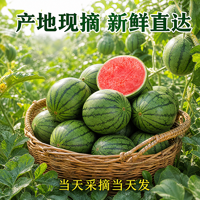 [主图-6] 小糖丸西瓜产地果园展示，结合产品展示强调现摘现发，保持产品一致，杜绝变形色差。氛围风格：自然原生态，产地信任。画质：超清风光摄影，自然真实，通透清晰。元素：果园采摘场景，藤编筐里放满新鲜小糖丸西瓜，背景是西瓜藤和绿叶，挂着的新鲜西瓜，展示现摘现发。光影：户外自然光，上午柔和阳光，自然明亮。配色：大片绿色背景，红色西瓜点缀，自然清新。视角构图：风景结合产品特写，前景产品清晰，背景果园虚化。文字版式：顶部绿色大字"产地现摘 新鲜直达"，底部黄色小字"当天采摘当天发"，文字融入场景不遮挡主体。比例分辨率：1:1比例，2048x2048，2K分辨率。负向提示词：变形，水印，文字错乱，产品模糊，背景杂乱