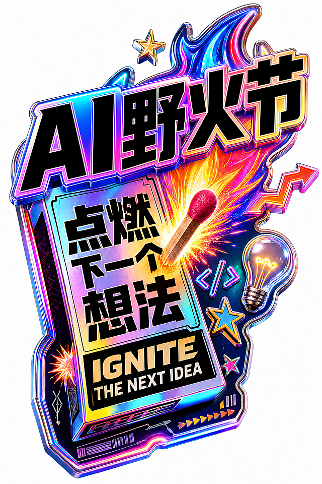 在画面中合适的显眼位置加上「AI野火节」大号粗黑中文字体，保持原有的未来复古风格、潮流3D质感和彩色火焰效果不变，整体风格统一协调