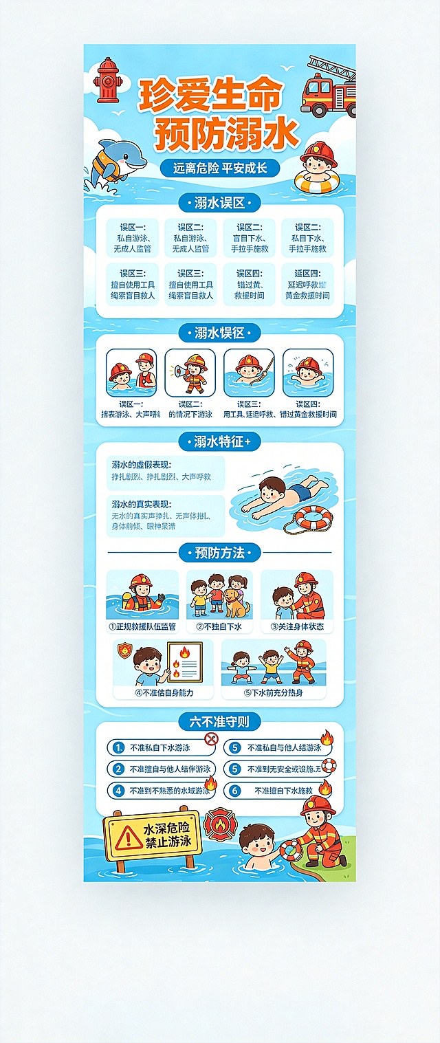 重新生成此防溺水安全教育海报，修正所有板块内文字内容，确保所有文字清晰可辨认、语义正确，保留原整体卡通扁平插画风格、竖版布局、蓝白配色和所有消防员装饰元素不变