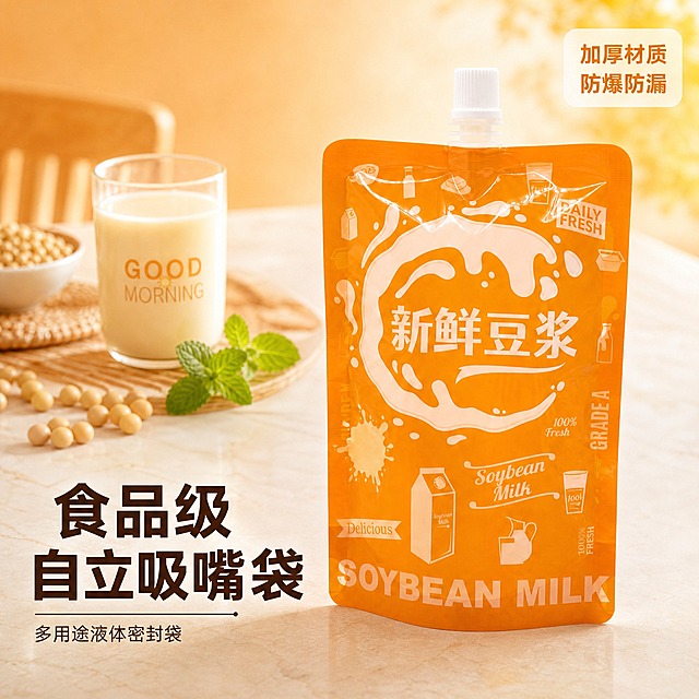 [主图-1] 食品级自立吸嘴袋 洁净首图 产品整体展示。
[统一基调] 国内电商日用百货风格，暖橙色调，明亮通透有品质感。主色橙色+白色+浅米色，标题粗黑体，辅助文字常规黑体。
[画面] 橙色自立吸嘴袋（新鲜豆浆包装）居中偏右放置，占画面约60%，产品正面完整展示，视角为正面平视，产品外观、颜色、形状、尺寸、透视角度严格保持不变，禁止变形或重新绘制。产品放置在浅米色大理石台面上，背景为暖橙色渐变光晕，左上方有黄豆、新鲜豆浆杯、薄荷叶等早餐道具自然散落，营造健康早餐氛围。产品底部有柔和接触阴影，立体质感真实。左下角放置大标题"食品级自立吸嘴袋"，下方小字"豆浆 饮品 液体分装"，右上角有圆角小标签"加厚防爆 安心使用"。
[差异化说明] 参考图为左右分栏+三行卖点的信息图结构，本张改为居中产品+左下角标题的场景氛围首图，构图从左右分栏改为居中不对称，信息结构从多点并列改为单点聚焦，色调从冷蓝改为暖橙，场景从纯背景信息图改为早餐台面场景，文字内容重新组织。
[光影质感] 商业摄影质感，主光从右上方45度柔和照射，产品表面有自然高光和塑料反光，阴影柔和自然，整体温暖明亮。
[配色] 背景暖橙色到浅米色渐变，标题深橙色，辅助文字深棕色，标签白底橙字，整体温馨有食欲感。
[文字版式] 左下角标题区：主标题粗黑超大号"食品级自立吸嘴袋"，副标题小号"多用途液体密封袋"；右上角圆角标签内两行小字"加厚材质""防爆防漏"。文字不遮挡产品主体。
[输出要求] 1:1正方形，2048x2048，2K分辨率，文字清晰锐利，产品清晰不变形，无水印无平台Logo，禁止产品变形、禁止改变直径、禁止改变形状、禁止改变透视角度、禁止重新绘制产品、禁止新增或减少产品、禁止改变产品颜色。