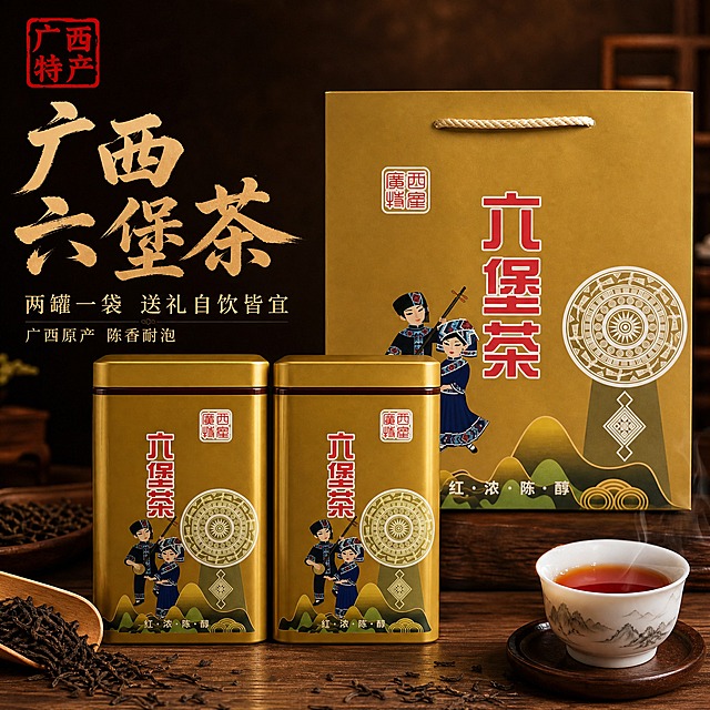 [主图-1] 首图点击率 广西六堡茶金色铁罐礼袋装 两罐一袋 突出茶品品质与广西民族特色
[统一基调] 国风品质感 暖调茶韵 深棕木色背景配暖金点缀 主标题用厚重书法体深棕色 辅助文案用细黑体浅金色 整体专业靠谱 淘宝天猫风格
[画面] 两罐金色六堡茶铁罐并排居中靠前 后面立着同款金色手提袋 手提袋保持原图外观：土金色纸质 米白色棉绳提手 正面竖排红色"六堡茶"大字 左上角红色印章"广西特产" 左侧壮族男女铜鼓图案 底部山水纹样和"红浓陈醇"小字 三两件组合占画面65% 背景为深棕色实木茶桌 桌面散落少量深褐色六堡茶干茶 旁边放一只白瓷茶杯 杯中茶汤红浓透亮 微微冒热气 营造温润品茶送礼氛围 左上角放同款"广西特产"红色印章Logo
[光影质感] 商业摄影质感 暖调侧光 罐体金属反光自然 手提袋纸质纹理真实 茶汤通透有光泽 桌面有柔和接触阴影 整体温暖醇厚
[配色] 背景深棕木色 主字深棕近黑 辅助字浅金色 强调色朱红 茶汤红棕色 整体暖调统一
[文字版式] 左侧上方主标题大字"广西六堡茶" 下方小字"两罐一袋 送礼自饮皆宜" 再下方"广西原产 陈香耐泡" 文字放在左侧负空间 不遮挡罐体和手提袋 书法体主标题厚重有力 辅助文案细黑体 字号层级分明
[输出要求] 1:1正方形 2048x2048 文字清晰可读 产品清晰不变形 无错字 无水印 无平台Logo 禁止杂乱背景 禁止罐体变形 禁止手提袋图案失真
