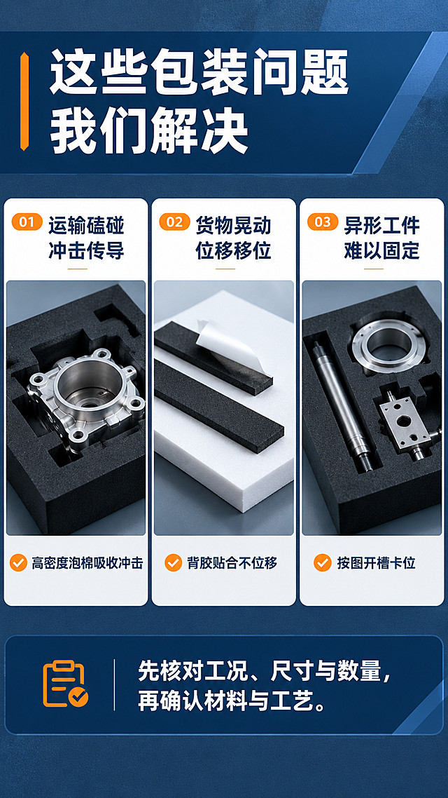 【第2张 痛点与解决·多格说明型】
[商品] 使用图1黑色EVA泡棉板材与图2白色EVA泡棉板材（图4-图11为同款板材详情参考图，仅借鉴深蓝白工业商务版式与信息层级，不照搬）。保留两款板材的方正板型、平直切割边与细密哑光发泡肌理，以及内衬开槽形态，不得改变颜色与结构。
[画面] 目标：用三格并列说明三个运输与包装痛点及对应解决方案。上三分之二为三张横向并列卡片：左格一块黑色泡棉内衬托住异形金属件；中格白色板材上贴合带背胶的黑色泡棉条；右格黑色内衬开槽内嵌圆形配件与长条件。每格底部配小号标签文字，产品占画面各格60%以上；下三分之三为一条深藏青横向结论条。
[视觉] 套系策略：风格=专业工业定制类蓝白商务商业摄影；标题字=粗黑体；正文字=中等黑体；主色=深藏青蓝；背景延展=以深藏青蓝为基准做深浅层级与同色冷调磨砂渐变，卡面用磨砂纸感肌理；强调色=亮橙，仅用于小面积图标、引线、编号与标签；标题色=白与深藏青；正文色=深灰蓝；组件=圆角白色信息卡、细线引线、编号胶囊、参数表格；光影=左前侧柔光并带轻微轮廓光，产品信息面清晰。
[文字] 顶部深藏青标题条内白字主标题「这些包装问题 我们解决」；三格标签分别横排「运输磕碰 冲击传导」「货物晃动 位移移位」「异形工件 难以固定」，每格下方一句短解决语「高密度泡棉吸收冲击」「背胶贴合不位移」「按图开槽卡位」；底部结论条横排「先核对工况、尺寸与数量，再确认材料与工艺」。全部文字横向排版，不堆叠重复。
[规格] 9:16竖版，4K，避免变形、错字、文字过小、竖排或旋转文字、二维码、水印、平台角标、绝对化用语、夸张恐吓画面、板材颜色与结构改变。