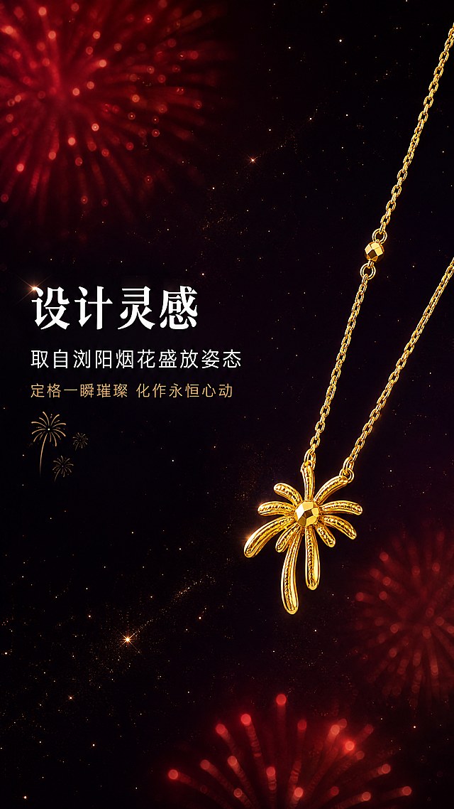 [第2屏] 设计灵感展示屏-金钰世家足金烟花项链浏阳烟花灵感解析。本屏使用【图1】作为商品主体，保持产品外观结构颜色不变。
[氛围/风格] 浪漫艺术氛围，红色烟花星空背景，高级光影质感，充满设计故事感。
[元素布局] 项链产品放置在画面右侧中部，占据约50%画面，保持原产品烟花绽放造型结构和足金质感颜色不变。左侧区域放置文案和小型烟花剪影装饰，背景为渐变暗红色星空，点缀细碎星光模拟夜空烟花绽放场景。至少包含项链产品、烟花背景、文字区块三种元素，整体构图均衡。
[光影质感] 主光源从左侧打在项链上，突出黄金金属光泽，背景烟花做朦胧虚化处理，营造虚实对比，整体光影柔和浪漫，产品清晰突出。
[配色色系] 全局底色：#0f0515（深紫黑星空）；主体配色：#FFD700（黄金色）；辅助色：#d62828（烟花红色）+ #ffffff（文字）。
[视角构图] 产品斜放于右侧，左侧文字竖排排列，不对称构图，视觉动线清晰，符合竖屏浏览。
[文字版式] 左侧顶部大标题「设计灵感」白色加粗，标题下方主文案「取自浏阳烟花盛放姿态」白色，再下方描述「定格一瞬璀璨 化作永恒心动」浅金色小字，文字排版左对齐，不遮挡产品主体，层级清晰。
[比例分辨率] 9:16 竖版比例，4K分辨率，文字清晰可辨。
[负向提示词] 产品变形，颜色偏差，结构改变，文字错乱，背景杂乱，水印，缺件，文字模糊