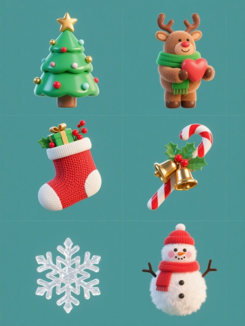 纯色背景上，六个圣诞元素以规整的网格布局排列，每个元素保持原图造型但材质完全不同：顶部左侧是带有金色星星和彩球装饰的绿色圣诞树，呈现光滑的塑料质感；顶部右侧是戴着绿色围巾、抱着心形物品的棕色驯鹿，具有柔软的毛绒材质；中间左侧是装满礼物、带有红色浆果和绿叶的圣诞袜，展现出针织布料的纹理；中间右侧是系着金色铃铛和冬青叶的红白条纹拐杖糖，呈现出亮面金属的光泽；底部左侧是一个白色的雪花图案，具有透明的……预览效果