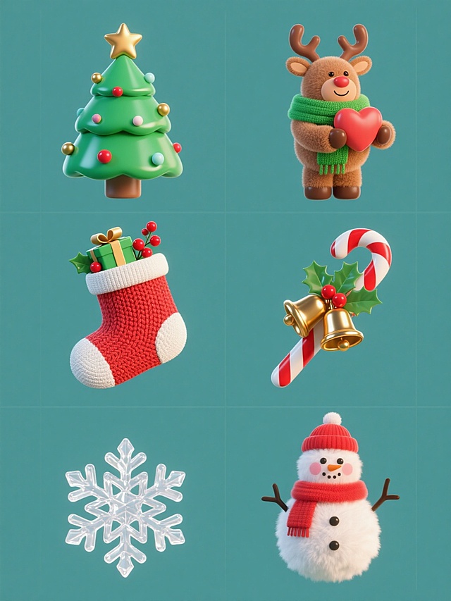 纯色背景上，六个圣诞元素以规整的网格布局排列，每个元素保持原图造型但材质完全不同：顶部左侧是带有金色星星和彩球装饰的绿色圣诞树，呈现光滑的塑料质感；顶部右侧是戴着绿色围巾、抱着心形物品的棕色驯鹿，具有柔软的毛绒材质；中间左侧是装满礼物、带有红色浆果和绿叶的圣诞袜，展现出针织布料的纹理；中间右侧是系着金色铃铛和冬青叶的红白条纹拐杖糖，呈现出亮面金属的光泽；底部左侧是一个白色的雪花图案，具有透明的冰晶质感；底部右侧是戴着红色帽子和围巾、脸颊微红的雪人，身体由蓬松的棉花糖材质构成，整体呈现出鲜明的3D立体风格，光影效果柔和，色彩明快，每个元素细节清晰，材质特征突出。