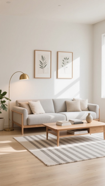明亮柔和的自然光洒满整个空间，采用极简北欧风格设计，以米白色、浅木色和原木色为主色调，温暖而治愈的氛围。画面中展示的是一个变换了不同家具环境的客厅，整体构图保持对称美学与开放式布局，光线从左侧窗户斜射进来，在浅色木地板和条纹地毯上形成清晰的光影层次。墙上挂着两幅简约线条的植物装饰画，搭配原木边框。左侧有一盏弧形黄铜落地灯，灯光柔和，旁边摆放着一盆绿植。中央是一张浅灰色布艺沙发，搭配几个不同纹理……预览效果