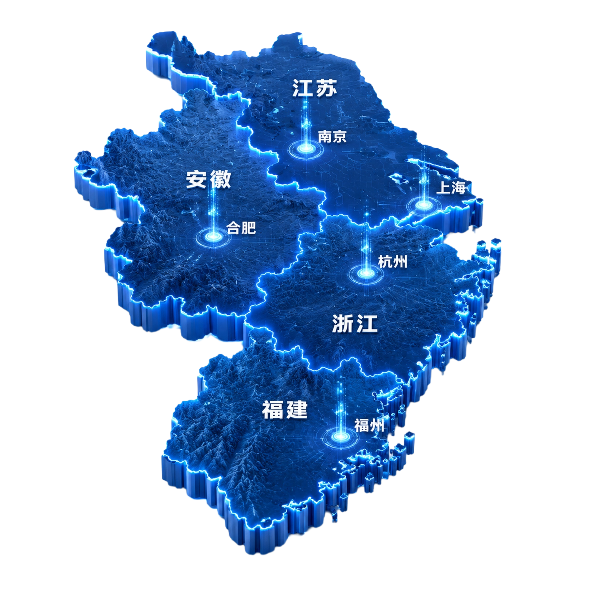 3D立体科技风格的华东区域地图示意图，包含五个省级行政区：江苏… - 图片创意预览