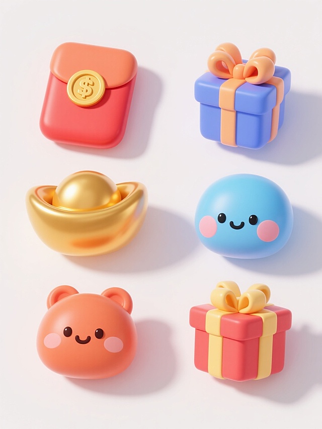 白色背景上排列整齐的6个不同配色不同样式的促销主题元素，每个元素均采用圆润可爱的Q版3D立体风格，具有光滑细腻的塑料质感和明亮柔和的光泽，包含红包、金币、元宝、礼盒等促销相关元素，每个元素色彩鲜明且各不相同，整体构图平衡对称，光影统一柔和，营造出欢快喜庆的促销氛围，元素之间保持均匀间距，视觉层次清晰，信息传达直观高效。