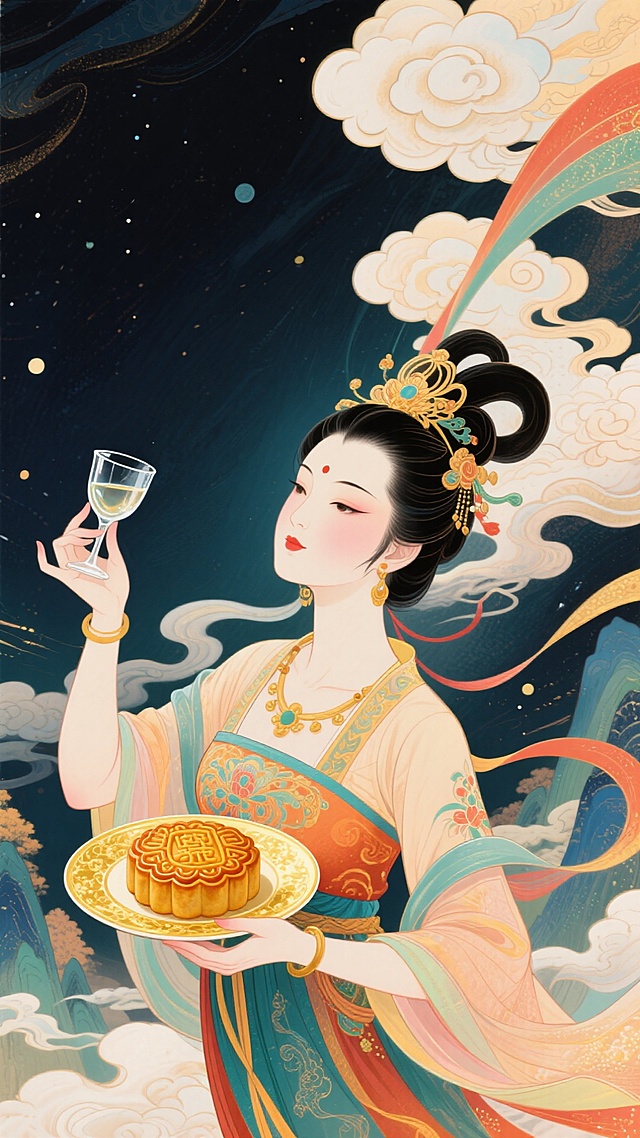 工笔风与国潮风交融，古典美人手持月饼与酒杯，鎏金华服映衬星空云海，梦幻唯美中透出中秋佳节的优雅意境。