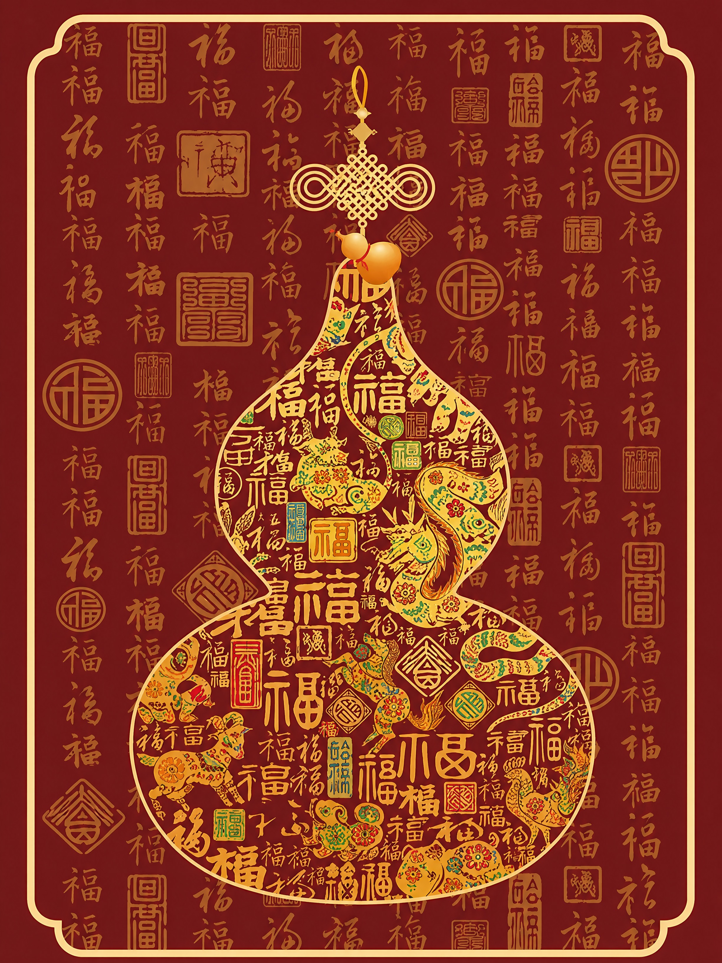 提取图中的门帘图案，深红色背景门帘，满版金色百福文字底纹，中间… - 图片创意预览