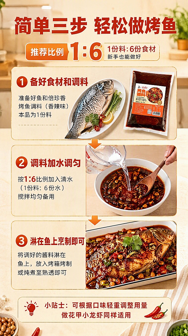 第7张 使用方法-烤鱼调料1:6比例使用步骤。本张使用【图4】香辣袋装作为操作产品。
[氛围/风格] 家常实用教程风，红橙暖色调，清晰步骤图示，接地气的厨房氛围。
[元素布局] 画面顶部为大标题+比例说明；中部三步纵向排列，每步配小图+文字说明：第一步「备料」（鱼+调料袋，袋装与【图4】一致），第二步「调酱」（按1:6比例加水调匀，碗中酱料+水搅拌），第三步「烹制」（淋在鱼上烤制/炖煮）；三步用箭头连接，纵向排列；底部为小贴士区域。背景为浅米色厨房台面纹理，温馨家常。
[光影质感] 均匀明亮的厨房自然光，每步小图都有清晰的操作展示，整体干净明亮。
[配色色系] 全局底色 #FFF8F0 暖米白；主色正红+橙黄；辅助色米色背景、白色餐具、绿色点缀。
[视角构图] 纵向三步流程布局，阅读动线自上而下，顶部标题→三步流程→底部贴士。
[文字版式] 顶部大标题「简单三步 轻松做烤鱼」，粗黑体红字；副标题「推荐比例 1份料:6份食材 新手也能做好」，配大号「1:6」数字标识；三步分别标注：「① 备好食材和调料」「② 调料加水调匀」「③ 淋在鱼上烹制即可」；底部红色小贴士：「小贴士：可根据口味轻重调整用量 做花甲小龙虾同样适用」；字色红+橙黄，字体与全套统一。
[比例分辨率] 9:16竖版比例，1080×1920，4K分辨率，文字清晰可辨。
[负向提示词] 产品包装变形，步骤图不清晰，水印，文字错乱，极限词违禁词。