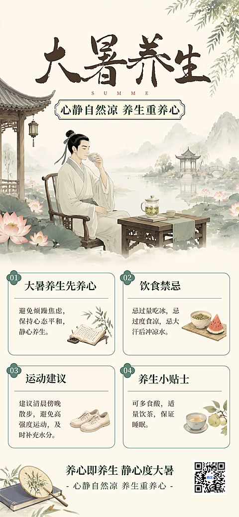大暑养生知识科普分享淡雅国风全屏竖版海报