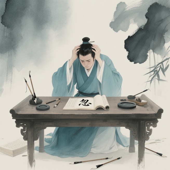 一个古人模样的书生，身着青色长衫，坐在古朴的书案前，双手抓着头发，眉头紧锁，面前摊开的书卷上写着“忽”字，周围散落着几支毛笔和砚台，背景是朦胧的水墨风格，营造出绞尽脑汁却不得其解的无奈氛围，画面整体色预览效果