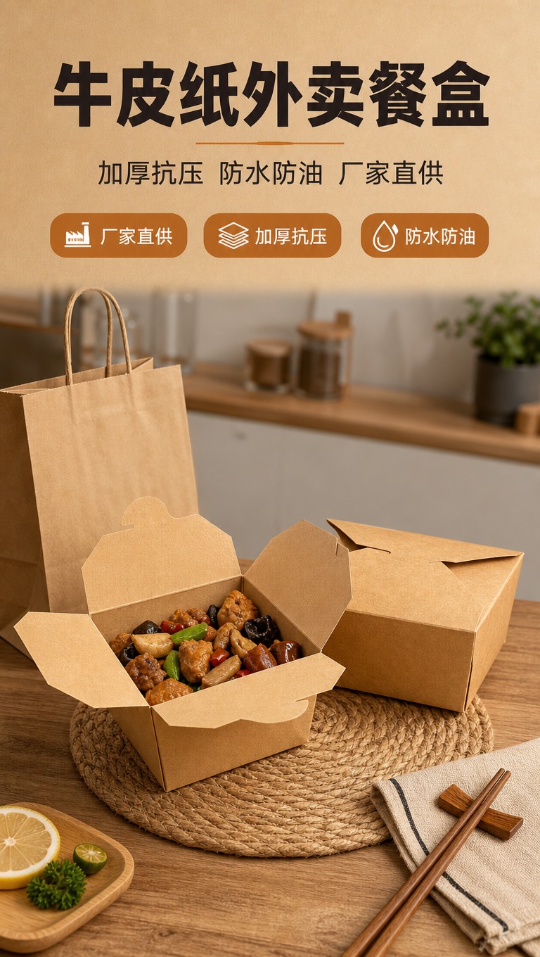 [商品] 使用【图1】牛皮纸餐盒（四舌片翻盖式外卖打包盒）；保… - 图片创意预览