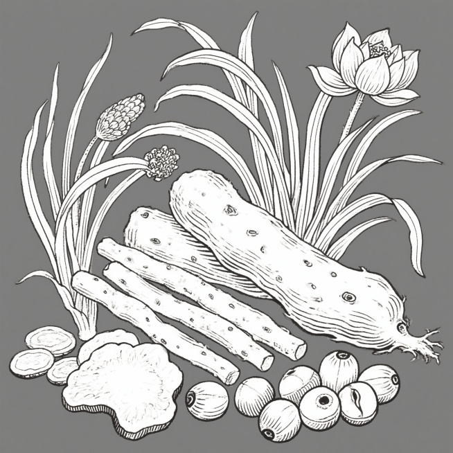 设计4款草本插画，以茯苓、山药为主，搭配芡实、莲子等植物组合成药食同源插画预览效果