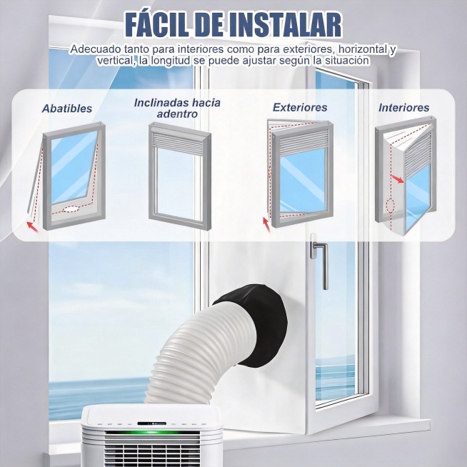 将图中文字替换为西班牙语：FÁCIL DE INSTALAR，Adecuado tanto para interiores como para exteriores, horizontal y ver预览效果