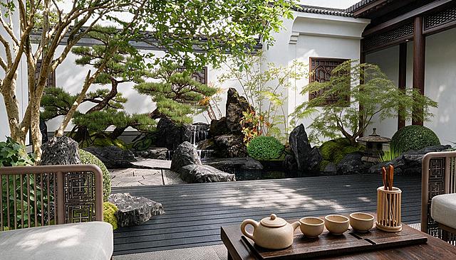 优化这张中式庭院枯山水造景实景图，提升真实质感，让光影和细节更自然真实，保留原有构图和所有元素