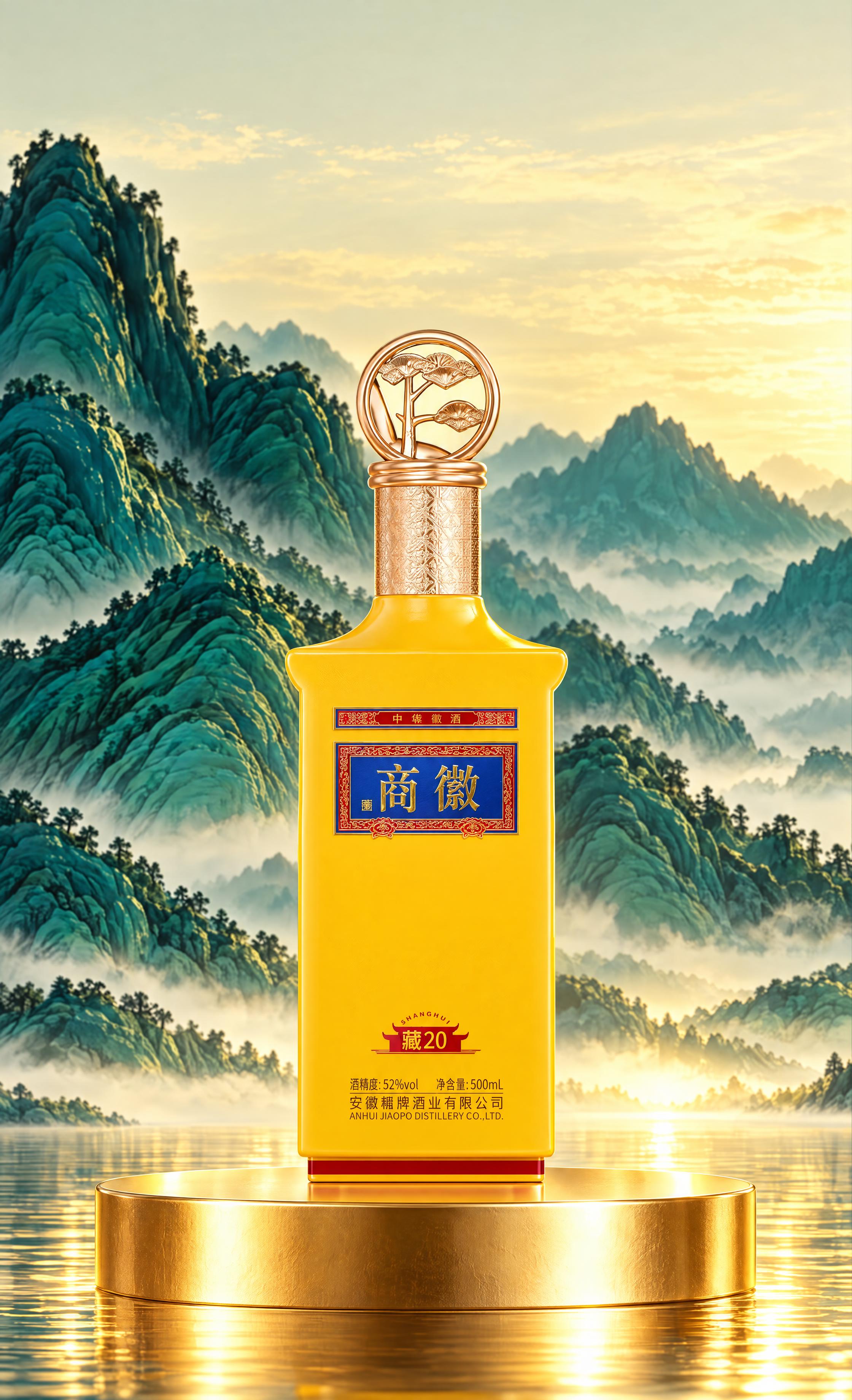将画面中的白酒瓶替换为图一的黄色商徽藏20酒瓶（带金色松树造型… - 图片创意预览