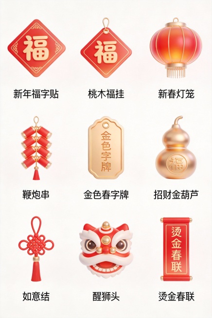 创作一组清新可爱的新年 ICON。核心创意为新春民俗主题图标集合，扁平化风格，多细节高质量，采用红色、黄金色低饱和度的色调，元素具有通透的渐变层次与立体质感。 元素细节与布局: 图标集合：共 9 个图预览效果