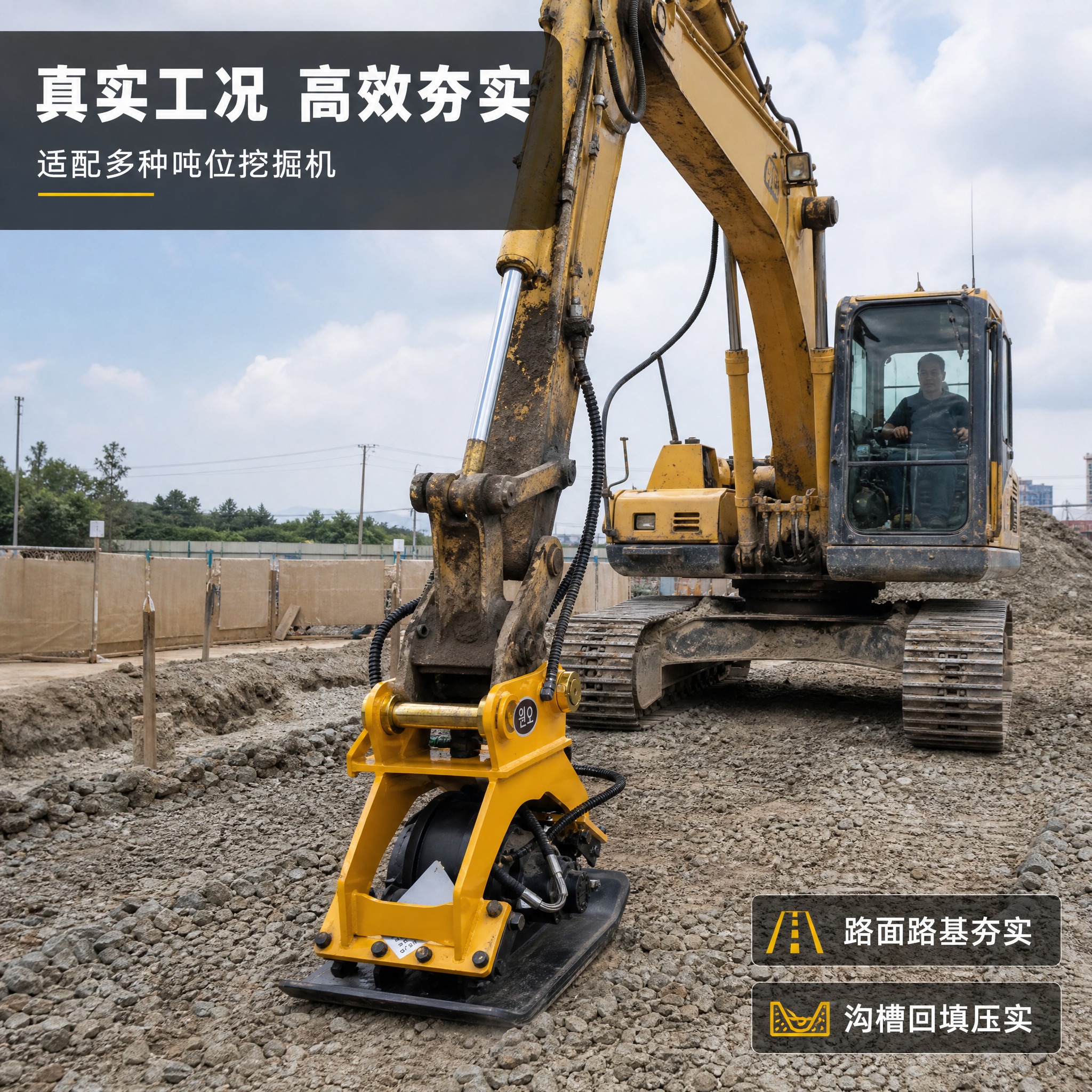 [主图-3] 液压振动夯真实使用场景图，展示产品安装在挖掘机上… - 图片创意预览