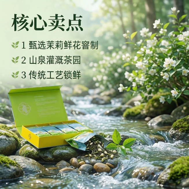 修改原图，去掉河边和石头上所有额外摆放的茉莉花，替换为自然生长的苔藓和鹅卵石，保持原有绿色茶枝，整体保持春日山间小溪的自然氛围，文字排版、产品位置、光影色调都保持不变，修改后自然协调，整体风格统一预览效果