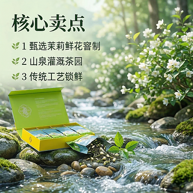 修改原图，去掉河边和石头上所有额外摆放的茉莉花，替换为自然生长的苔藓和鹅卵石，保持原有绿色茶枝，整体保持春日山间小溪的自然氛围，文字排版、产品位置、光影色调都保持不变，修改后自然协调，整体风格统一