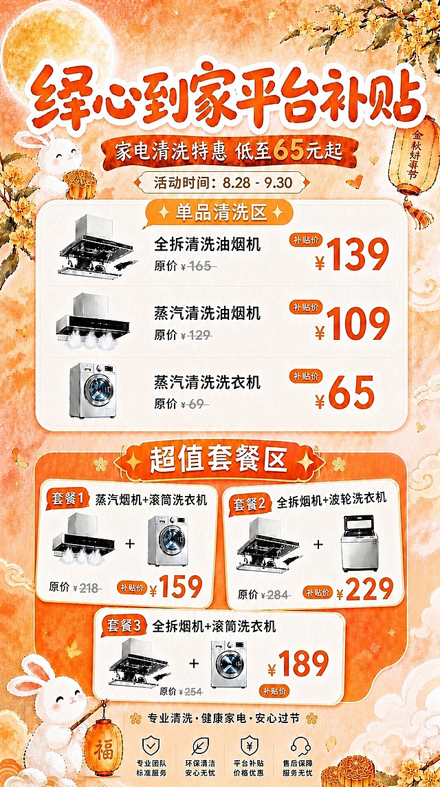 基于原图进行两处修改，其余内容尽量保持不变：

修改1：单品清洗区第三行「蒸汽清洗洗衣机」的原价「¥69」改为「¥89」，数字89必须清晰准确，字体、颜色、大小、位置、划线删除线效果与周围其他原价保持完全一致。

修改2：底部图片（底部的兔子、灯笼、月饼、保障图标及文字等底部区域）显示完整，不要被裁切，底部内容全部完整呈现。

其余所有内容（主标题、其他价格、套餐、装饰元素、产品图等）全部保持原样。
