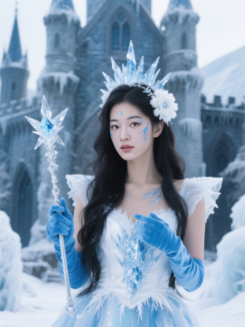 妆容以蓝白色系为主，搭配面部的冰霜纹路，穿着蓝白冰晶质感服饰，佩戴蓝色透明手套，头上戴有冰棱造型发饰、白色绒花；手持冰晶权杖道具，背景是冰雪覆盖的神秘古堡场景。预览效果