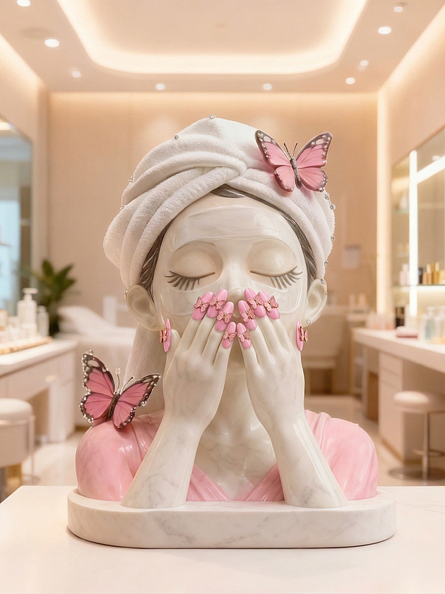 将这张粉色蝴蝶大美甲造型安装到上一个雕塑人物的手指上，替换原有的美甲，保持人物造型和背景不变，融合自然