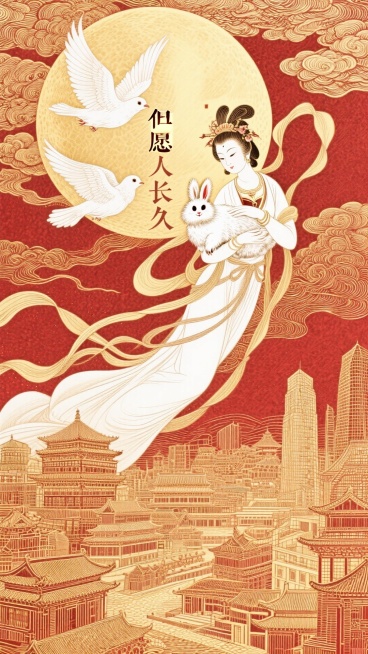 嫦娥呈飞天姿势，怀抱一只兔子，空中飞舞着两只白鸽。底部微缩的繁华的中式+现代的建筑群后，祥云环绕，背后巨大的月亮，艺术字：“但愿人长久”，非常规构图，金色+红为主色调预览效果