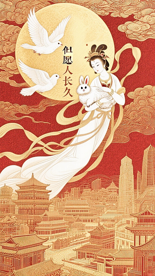嫦娥呈飞天姿势，怀抱一只兔子，空中飞舞着两只白鸽。底部微缩的繁华的中式+现代的建筑群后，祥云环绕，背后巨大的月亮，艺术字：“但愿人长久”非常规构图，金色+红为主色调