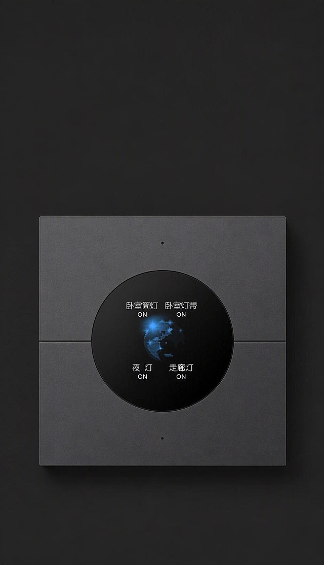 参考第一张图的整体构图、黑色背景和光影效果，将图中的灰色圆屏四键智能开关替换为第二张图中的深灰色圆屏四键智能开关（上下各有一个小点）。保留圆形显示屏上的原有画面内容（卧室筒灯、卧室灯带、夜灯、走廊灯文字及地球蓝色光效），产品外观以替换的深灰色圆屏开关为准。去除画面顶部的所有标题文字、描述小字和小标题（个性彩屏个性按键、自定义屏幕显示等全部文字），只保留开关产品和黑色背景。保持原图的竖版比例不变，画面质感高级真实，产品渲染精致，4K超清画质。