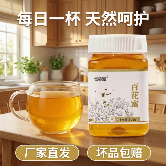 [主图10] 恒碧源百花蜜拼多多主图，保持原包装不变，主题：每日一杯呵护健康，氛围：信任营销促成下单氛围，画面：蜂蜜瓶放在画面右侧，左侧放着一杯冲好的蜂蜜水放在餐桌上，背景是干净的厨房场景，暖调自然光预览效果