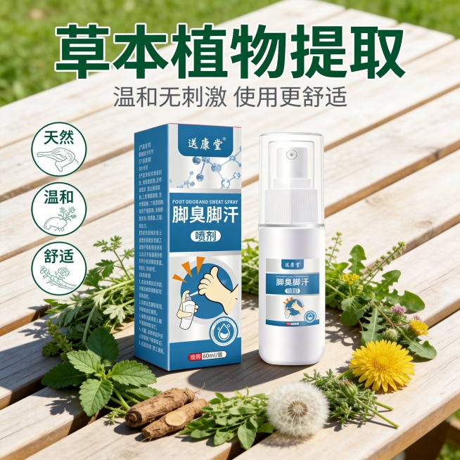 [主图-2] 草本成分核心亮点展示图。
[氛围风格] 户外自然风，清新干净，通透自然
[画质] 商业摄影质感，光线柔和通透，产品清晰真实，画面干净高级
[元素] 送康堂脚臭喷雾居中，周围环绕多种新鲜草预览效果