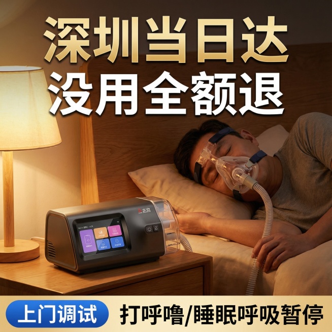 利用加入对话的这张产品素材图作为主体，创作止鼾呼吸机电商主图，尺寸为1比1，生成3张：
背景：暖光卧室场景（床头 + 柔和台灯），展示成人佩戴呼吸机面罩安睡的画面；
主标题：顶部大字 “深圳当日达”（预览效果