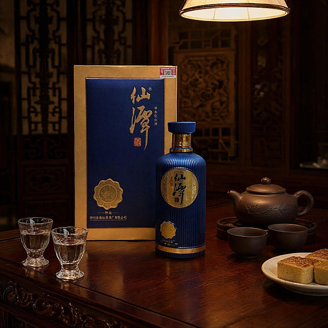 白酒瓶和酒盒，严格参照上传产品图，完整保留所有可见组件、部件、轮廓形状、结构、比例、材质质感、颜色与产品本体上的文字信息（logo/型号/规格/参数/浮雕等），与上传图完全一致；自然融入场景光影，与场景共处同一物理空间。
中式实木茶桌宴请场景，深蓝暖棕调。
白酒瓶+酒盒组合摆放在深红木茶桌上，酒瓶在前酒盒在后，旁边摆放两只玻璃小酒杯和一套紫砂茶具；暖黄吊灯柔光从正上方照射，产品受光面泛起金色光泽、暗部映射深红木色光晕，与环境物理融合。中景偏左微俯20°视角。
场景陈列：①茶桌桌面，深红木材质，深红棕色；②酒瓶旁两只玻璃白酒杯，杯中盛有白酒；③右侧紫砂茶壶配品茗杯两只，深褐色；④背景中式木质屏风，深胡桃木色；⑤右下角一盘中式点心，白瓷盘。
配色/材质：深蓝/鎏金/深红棕/紫砂褐/米白；实木/玻璃/陶瓷/紫砂/丝绸。
光影：主光从正上方暖黄吊灯照射，照亮瓶身正面；辅光为环境漫反射，整体暖调温馨。
4K分辨率，严格锁定宽高比为1:1。