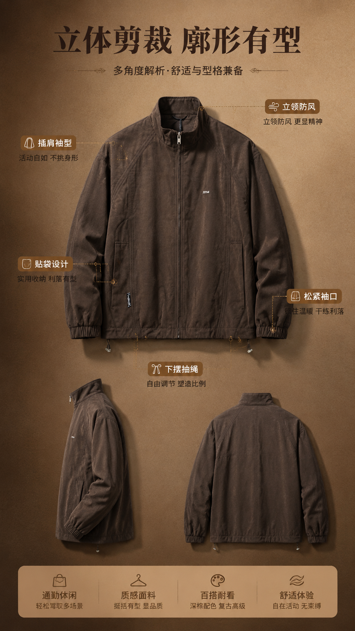 [商品] 使用【图1】深棕色立领休闲夹克；商品处理：保留立领、… - 图片创意预览
