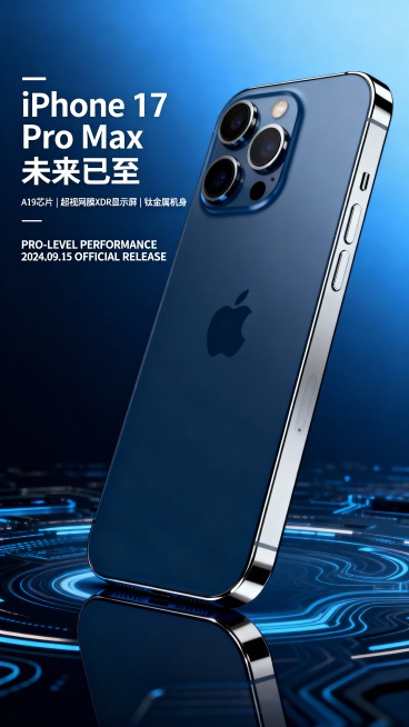 科技感未来主义风格苹果17 Pro Max手机海报，深蓝色渐变背景，金属银点缀，45度角展示手机主体，突出摄像头模组和机身线条，底部轻微反光效果，背景融入抽象科技纹理。左侧文字区域采用层级排版，主标题预览效果