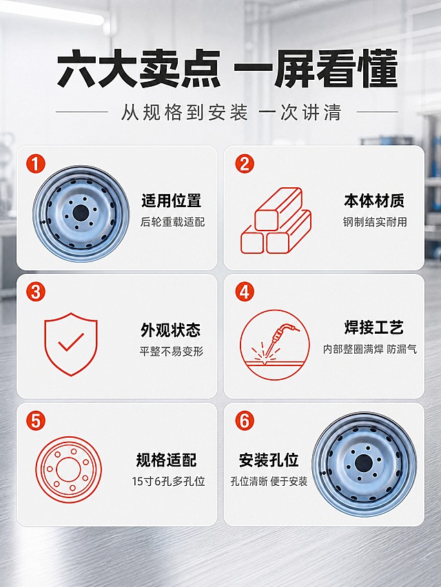 [商品] 使用【图38】【图42】汽车钢制满焊轮毂 多孔位适配车轮配件实物图 保留银色钢圈的外圈轮辋卷边 轮辐曲面 外圈一圈小圆孔 中心六个螺栓安装孔与中心孔 表面银灰色涂层 结构与颜色与输入图完全一致 不新增孔位与标识
[画面] 页面目标 一屏看懂六项卖点 构图 上部五分之一为标题区 下部为六张等宽卡片按两列三行排列 卡片为浅灰白底加极淡描边 圆角统一 间距一致 其中左上与右下两张卡内嵌产品实物小图 其余四张卡为亮橙红细线图标加文字 每张卡左上角一个亮橙红圆形编号 上为卖点词 下为一行短说明 阅读动线先左后右再上到下 景别中近景 信息载体为卖点卡片矩阵
[视觉] 套系策略：风格=汽车配件专业实拍与满版信息图解；标题字=现代无衬线粗体；正文字=简洁无衬线常规体；主色=银灰金属；背景延展=浅灰维修车间与金属台面的同色深浅层级与细金属拉丝纹理；强调色=亮橙红 只用于小面积图标 编号 标签；标题色=深炭黑；正文色=中灰；组件=圆角浅底信息卡 细线分隔 编号圆形徽标；光影=车间顶部均匀照明加柔光箱侧光 金属高光连续干净
[文字] 标题 六大卖点 一屏看懂 副标题 从规格到安装 一次讲清 六张卡文字依次为 一 适用位置 后轮重载适配 ／ 二 本体材质 钢制结实耐用 ／ 三 外观状态 平整不易变形 ／ 四 焊接工艺 内部整圈满焊 防漏气 ／ 五 规格适配 15寸6孔多孔位 ／ 六 安装孔位 孔位清晰 便于安装 全部横排 不竖排 不旋转 文字不压到卡片边线
[规格] 图片比例3:4竖版 4K 避免变形 错字 文字过小 水印 二维码 手机号 平台Logo 绝对化用语 产品外观改变
