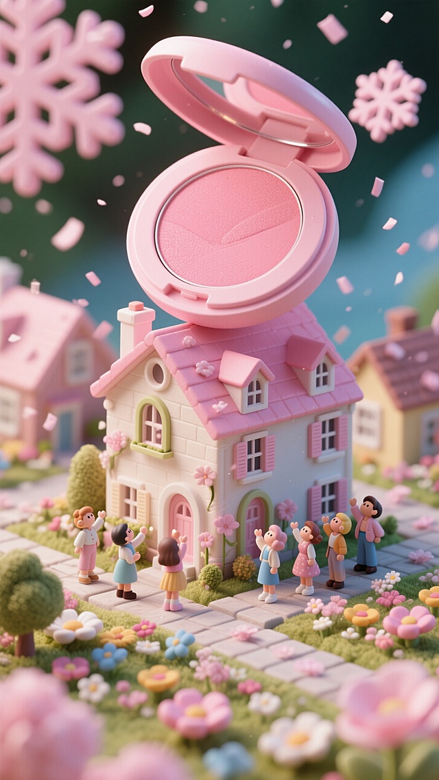 一个巨大的腮红在一个小镇的房子上，小镇上有很多迷你的花，漫天飞舞的腮红粉，时尚的迷你小人们看着腮红