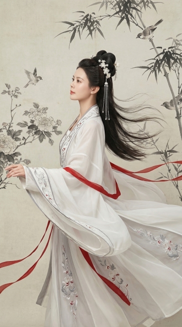 图中人物五官不变，生成年轻东亚女性全身侧颜古风人像，梳着精致的高盘发，发间点缀着白色花朵发饰与银色步摇。身着飘逸的白色汉服，衣身有灰红色刺绣花纹，宽大的袖口与裙摆处有红色飘带。发丝与衣袖在风中飞舞，姿预览效果