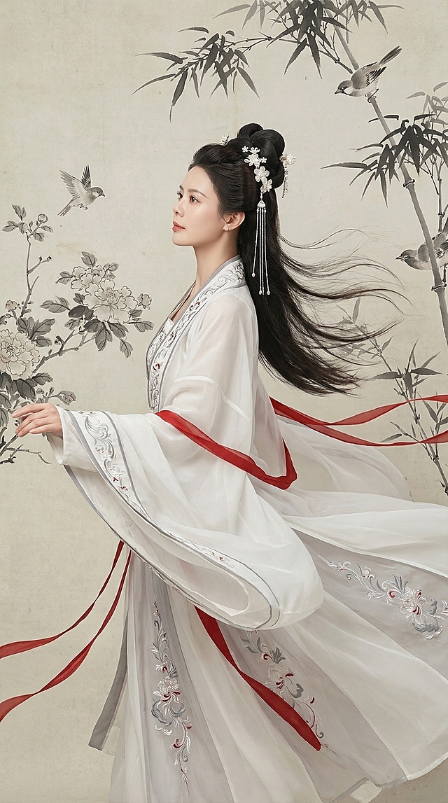 图中人物五官不变，生成年轻东亚女性全身侧颜古风人像，梳着精致的高盘发，发间点缀着白色花朵发饰与银色步摇。身着飘逸的白色汉服，衣身有灰红色刺绣花纹，宽大的袖口与裙摆处有红色飘带。发丝与衣袖在风中飞舞，姿态舒展灵动。背景是极简的水墨风格古画，以竹枝与花鸟为元素，整体为浅米色与灰色的复古质感。采用柔和的漫射自然光，凸显出丝绸面料的通透质感与刺绣的精致。整体风格超写实，细节丰富，呈现出空灵、诗意且永恒的中国传统美学风格