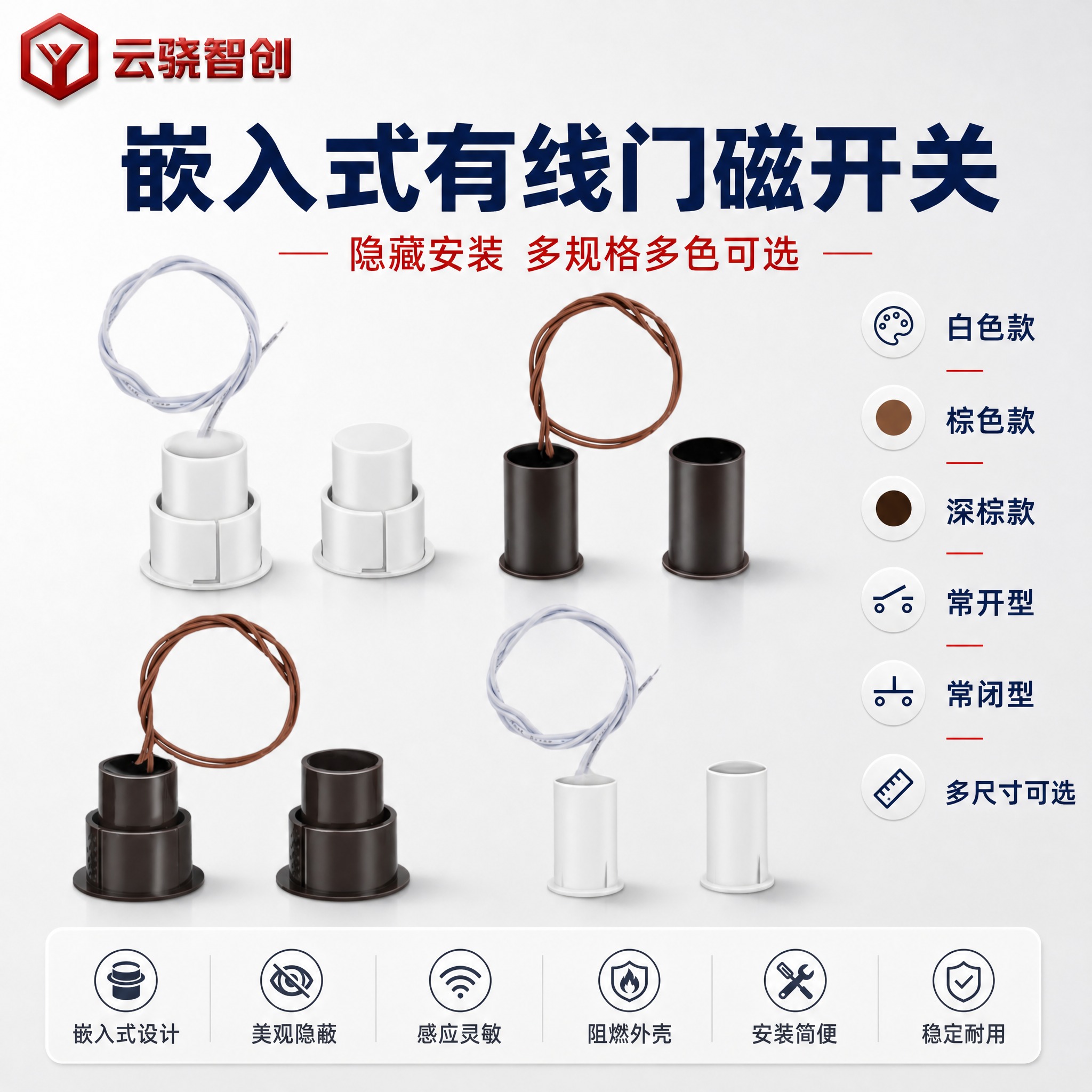 [主图-1] 门磁选择类首图，展示多款嵌入式有线门磁开关产品，… - 图片创意预览