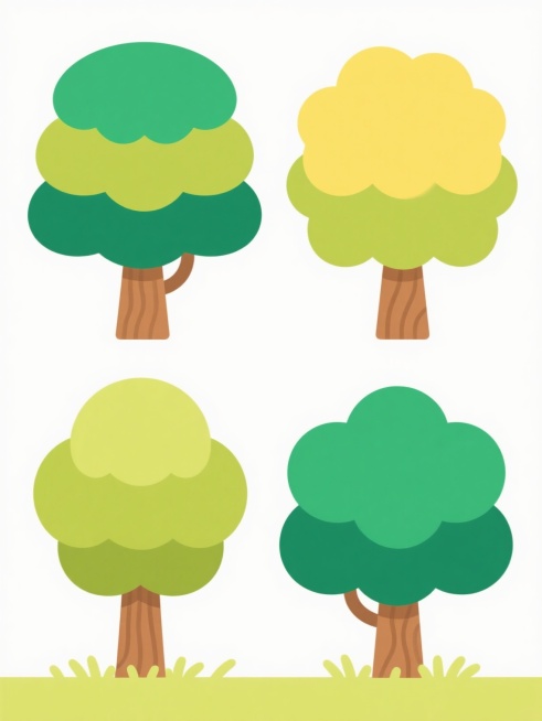 卡通风格插画，4棵不同品种、不同样式、不同外观的树木，白色背景，排列整齐，树木采用圆润的树冠造型，树叶用分层的色块堆叠，色彩明快，树干为棕色，带有简洁的纹理，树冠颜色有绿色、黄绿色等不同变化，底部有简单的草丛点缀，整体风格可爱、简洁、扁平化，线条平滑无锯齿，色彩过渡柔和，画面干净整洁。预览效果